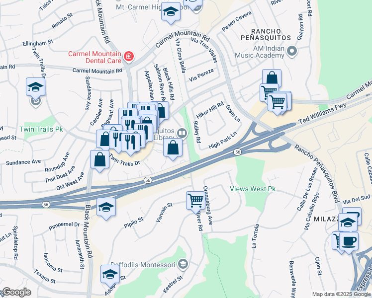 map of restaurants, bars, coffee shops, grocery stores, and more near 1 Salmon River Road in San Diego