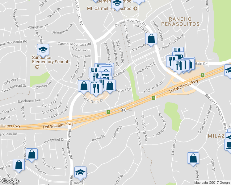 map of restaurants, bars, coffee shops, grocery stores, and more near 9440 Fairgrove Lane in San Diego