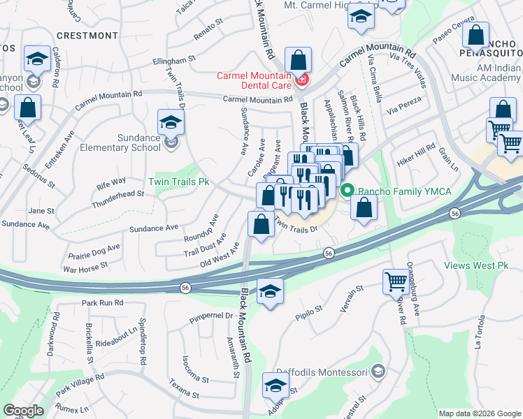 map of restaurants, bars, coffee shops, grocery stores, and more near 13195 Deron Avenue in San Diego