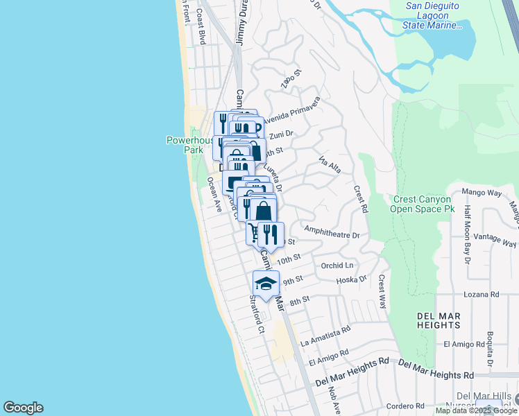 map of restaurants, bars, coffee shops, grocery stores, and more near 328 13th Street in Del Mar