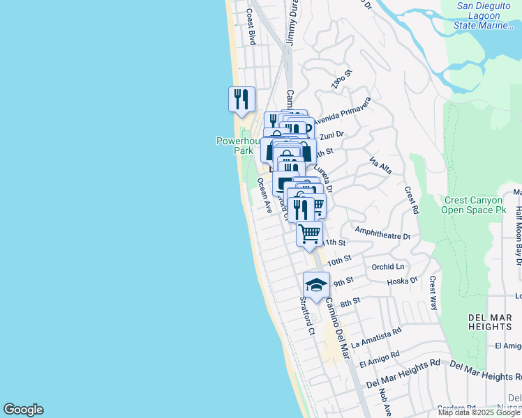 map of restaurants, bars, coffee shops, grocery stores, and more near 1400 Ocean Avenue in Del Mar