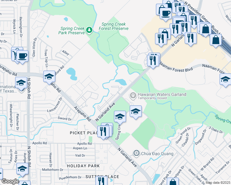map of restaurants, bars, coffee shops, grocery stores, and more near 4501 North Garland Avenue in Garland