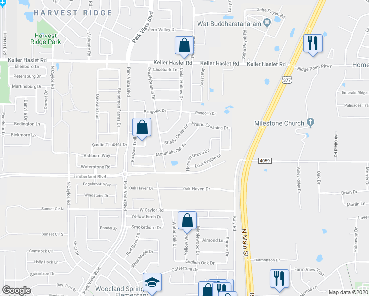 map of restaurants, bars, coffee shops, grocery stores, and more near 12636 Shady Cedar Drive in Fort Worth