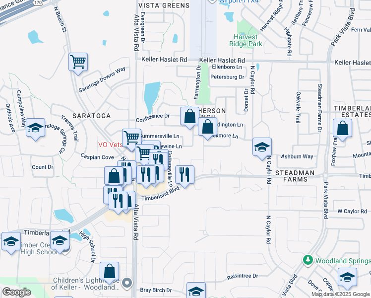 map of restaurants, bars, coffee shops, grocery stores, and more near 12713 Hannahsville Lane in Fort Worth