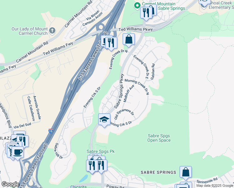 map of restaurants, bars, coffee shops, grocery stores, and more near 13259 Wimberly Square in San Diego