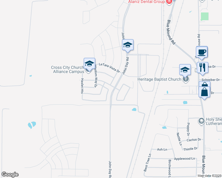 map of restaurants, bars, coffee shops, grocery stores, and more near 448 Bentley Boulevard in Haslet