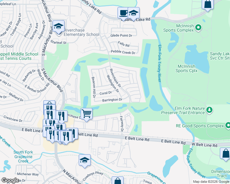 map of restaurants, bars, coffee shops, grocery stores, and more near 508 Wellington Drive in Coppell
