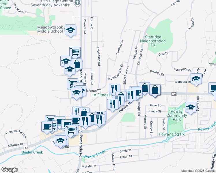 map of restaurants, bars, coffee shops, grocery stores, and more near 12561 McFeron Road in Poway