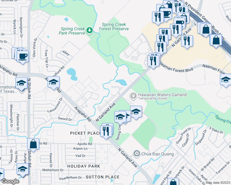 map of restaurants, bars, coffee shops, grocery stores, and more near 4501 North Garland Avenue in Garland