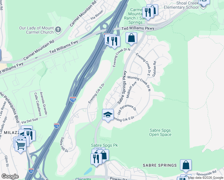 map of restaurants, bars, coffee shops, grocery stores, and more near 13206 Wimberly Square in San Diego