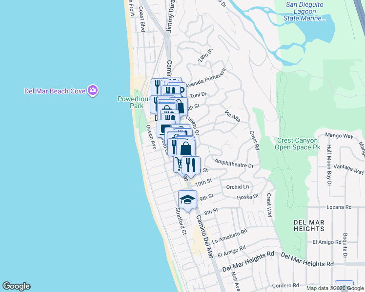 map of restaurants, bars, coffee shops, grocery stores, and more near 1237 Camino Del Mar in Del Mar