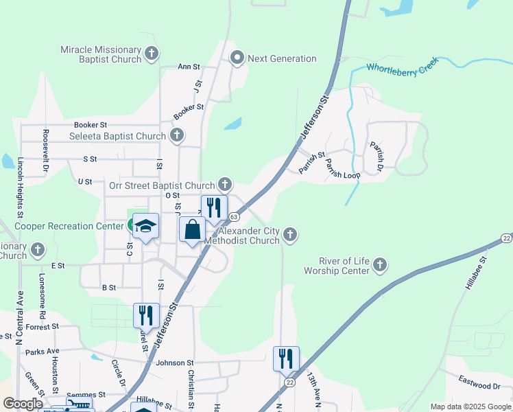 map of restaurants, bars, coffee shops, grocery stores, and more near 1120 Jefferson Street in Alexander City