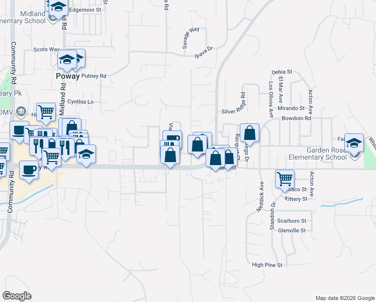 map of restaurants, bars, coffee shops, grocery stores, and more near 13240 Olive Tree Lane in Poway