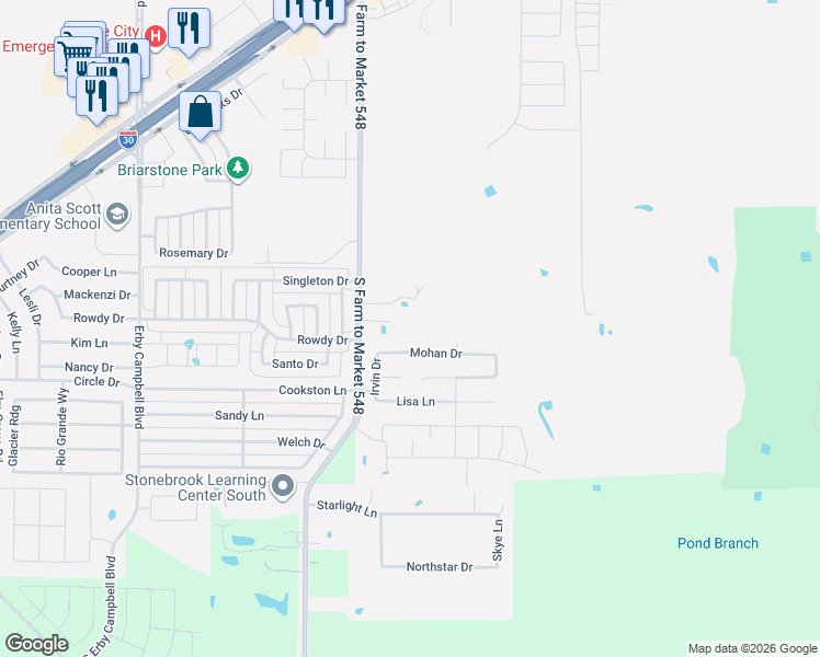 map of restaurants, bars, coffee shops, grocery stores, and more near 1712 Farm to Market 548 in Royse City