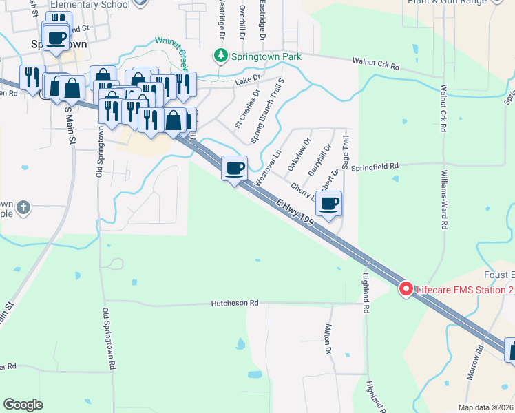 map of restaurants, bars, coffee shops, grocery stores, and more near 724 East Highway 199 in Springtown