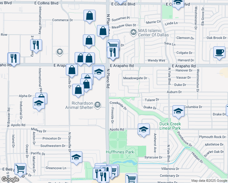 map of restaurants, bars, coffee shops, grocery stores, and more near 750 North Plano Road in Richardson