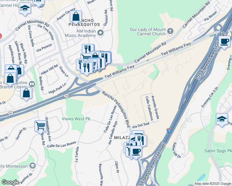 map of restaurants, bars, coffee shops, grocery stores, and more near 9939 Azuaga Street in San Diego