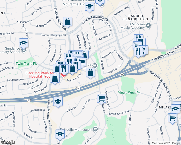 map of restaurants, bars, coffee shops, grocery stores, and more near 9440 Fairgrove Lane in San Diego