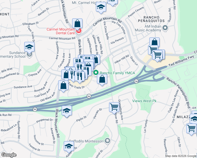 map of restaurants, bars, coffee shops, grocery stores, and more near 9440 Fairgrove Lane in San Diego