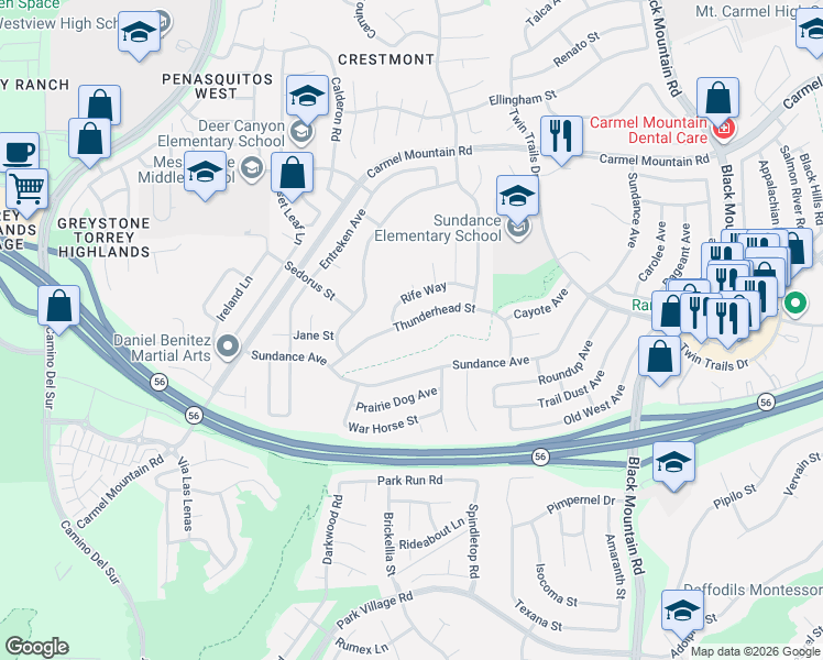 map of restaurants, bars, coffee shops, grocery stores, and more near 13313 Thunderhead Street in San Diego