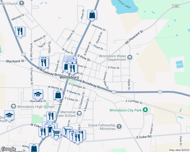 map of restaurants, bars, coffee shops, grocery stores, and more near 399 North Beech Street in Winnsboro