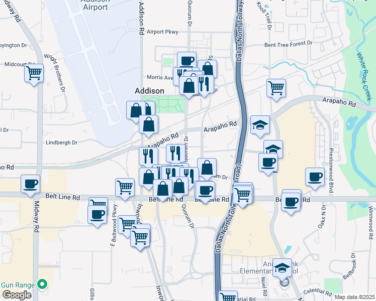 map of restaurants, bars, coffee shops, grocery stores, and more near 4960 Arapaho Road in Addison