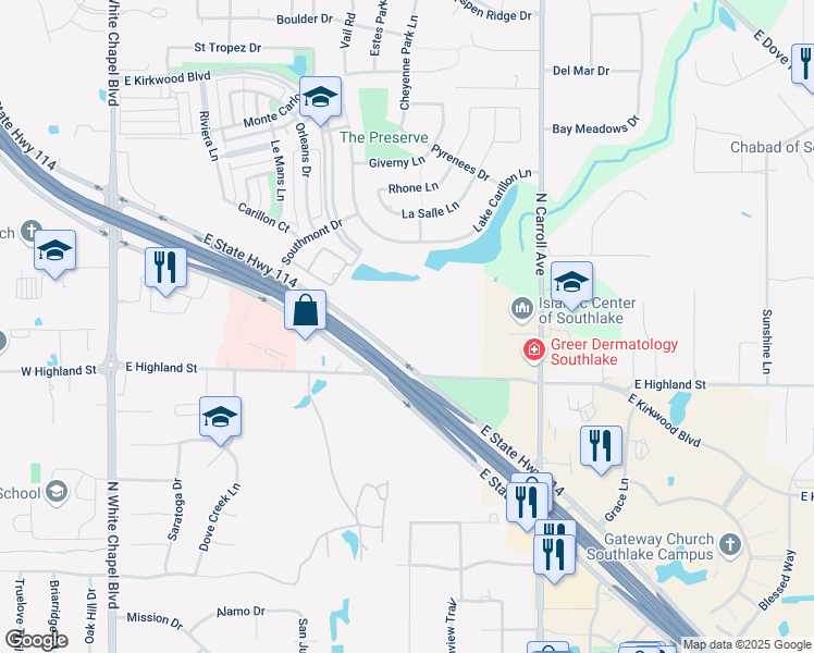 map of restaurants, bars, coffee shops, grocery stores, and more near 700 East State Highway 114 in Southlake