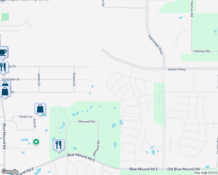 map of restaurants, bars, coffee shops, grocery stores, and more near 398 Schreiber Drive in Haslet