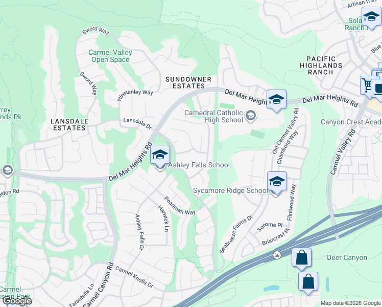 map of restaurants, bars, coffee shops, grocery stores, and more near 5074 Seachase Way in San Diego