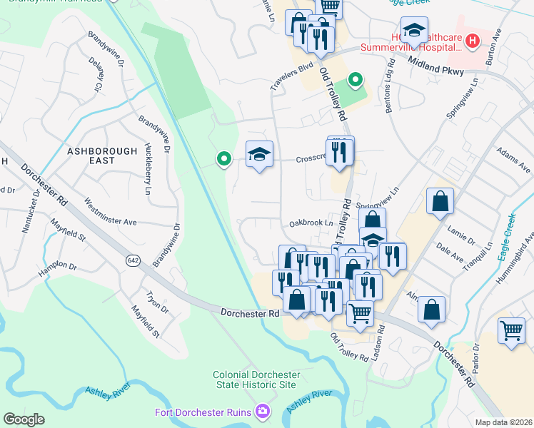 map of restaurants, bars, coffee shops, grocery stores, and more near 133 Saint Phillips Row in Summerville
