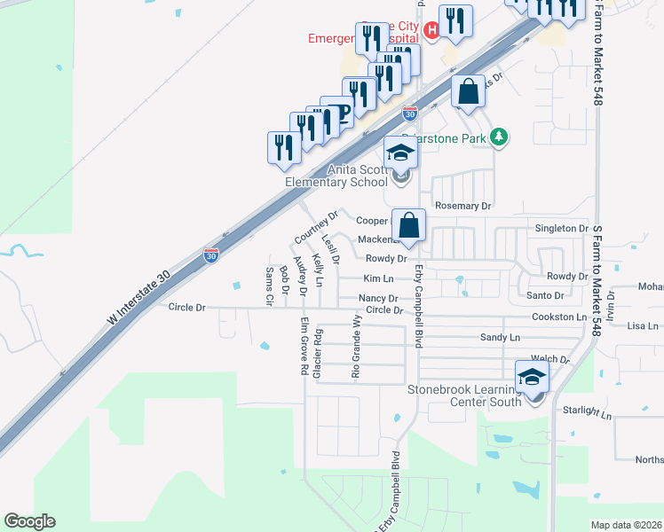 map of restaurants, bars, coffee shops, grocery stores, and more near 1601 Lesli Drive in Royse City