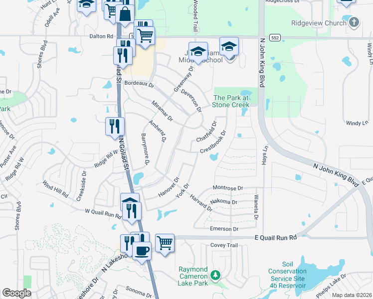 map of restaurants, bars, coffee shops, grocery stores, and more near 2221 Hyer Drive in Rockwall