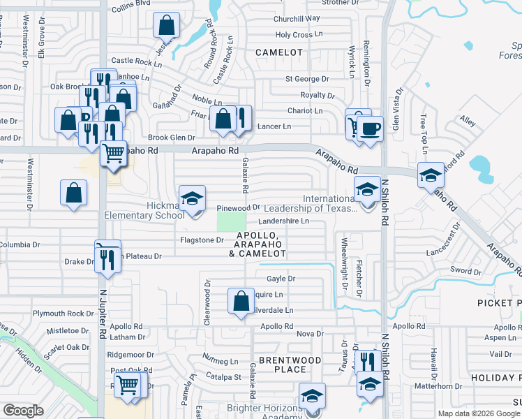 map of restaurants, bars, coffee shops, grocery stores, and more near 2930 Robin Hill Lane in Garland