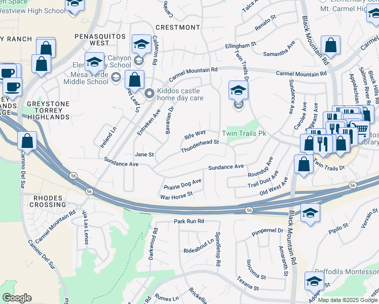 map of restaurants, bars, coffee shops, grocery stores, and more near 13363 Thunderhead Street in San Diego