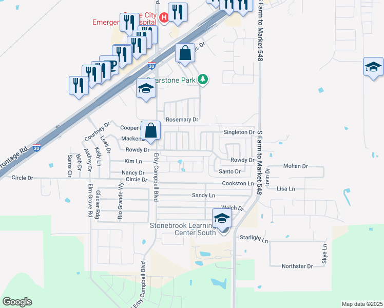 map of restaurants, bars, coffee shops, grocery stores, and more near 501 Rowdy Drive in Royse City
