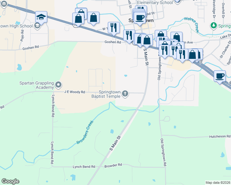 map of restaurants, bars, coffee shops, grocery stores, and more near J E Woody Rd in Springtown