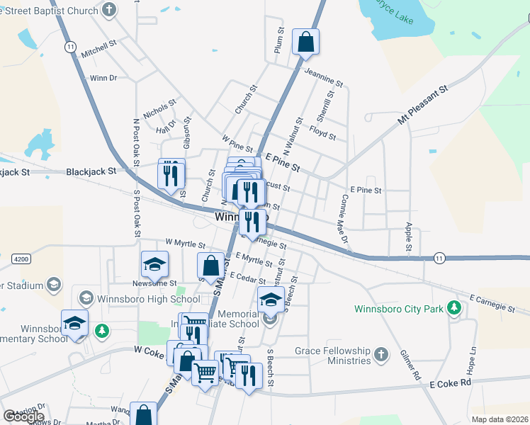 map of restaurants, bars, coffee shops, grocery stores, and more near 204 Market Street in Winnsboro
