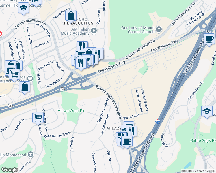 map of restaurants, bars, coffee shops, grocery stores, and more near 9939 Azuaga Street in San Diego