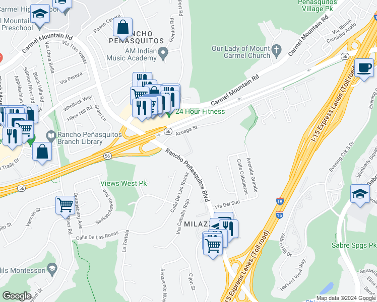 map of restaurants, bars, coffee shops, grocery stores, and more near 9959 Azuaga Street in San Diego