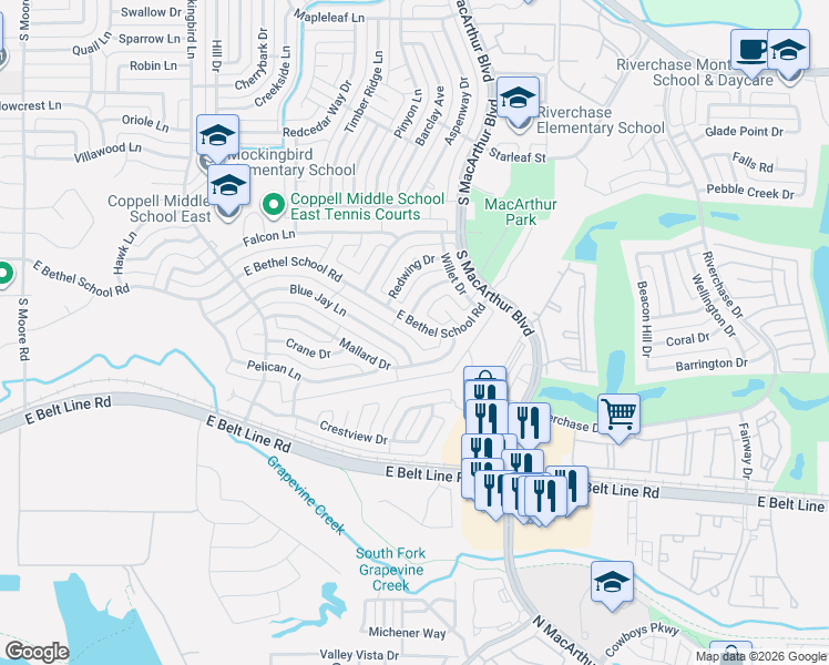 map of restaurants, bars, coffee shops, grocery stores, and more near 947 Hummingbird Drive in Coppell