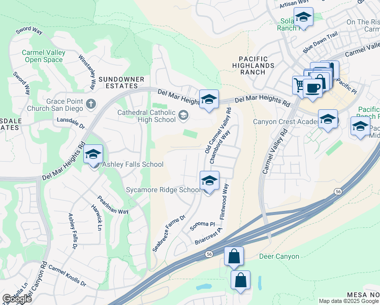 map of restaurants, bars, coffee shops, grocery stores, and more near 13141 Sandown Way in San Diego