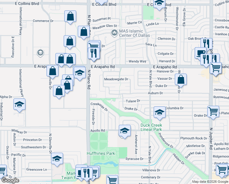 map of restaurants, bars, coffee shops, grocery stores, and more near 1604 Fair Oaks Drive in Richardson