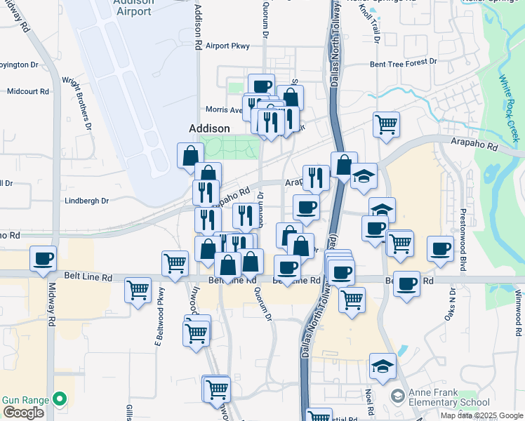 map of restaurants, bars, coffee shops, grocery stores, and more near 4960 Arapaho Road in Addison