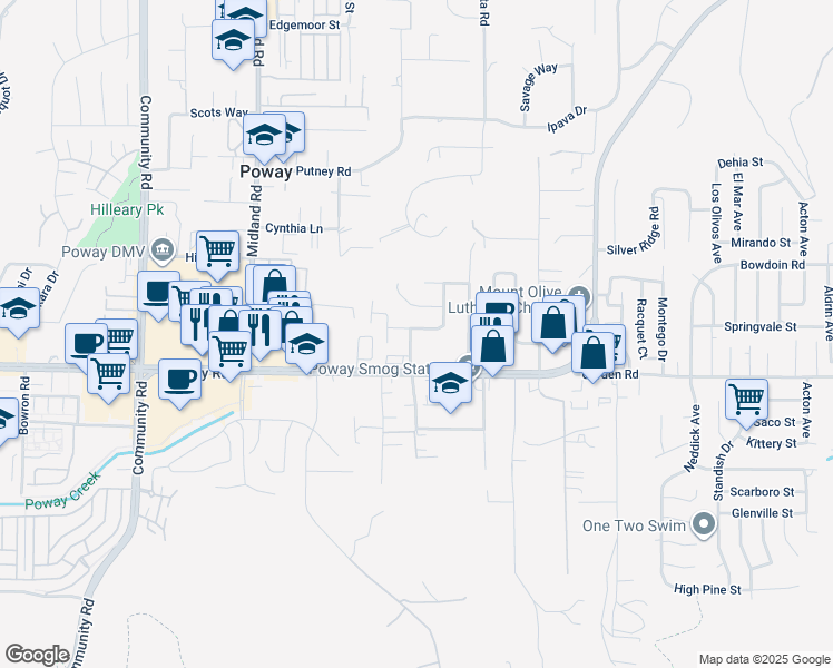 map of restaurants, bars, coffee shops, grocery stores, and more near 13255 Evanston Drive in Poway