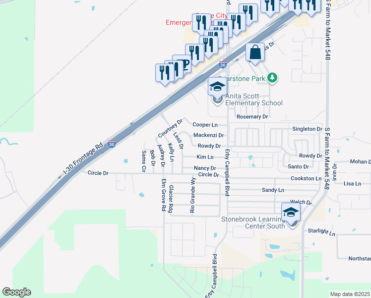 map of restaurants, bars, coffee shops, grocery stores, and more near 1612 Lesli Drive in Royse City