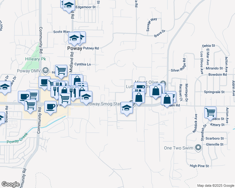 map of restaurants, bars, coffee shops, grocery stores, and more near 13255 Evanston Drive in Poway