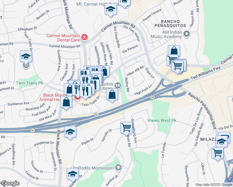 map of restaurants, bars, coffee shops, grocery stores, and more near 1 Salmon River Road in San Diego