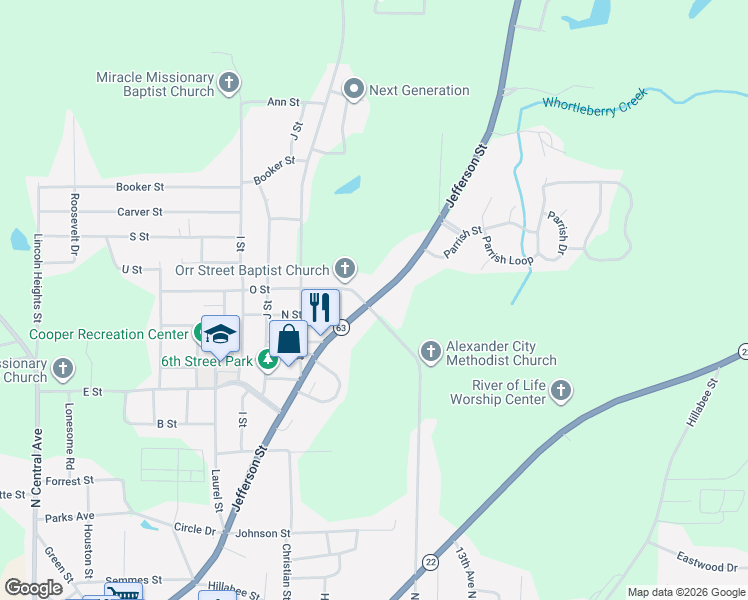 map of restaurants, bars, coffee shops, grocery stores, and more near 987 O Street in Alexander City