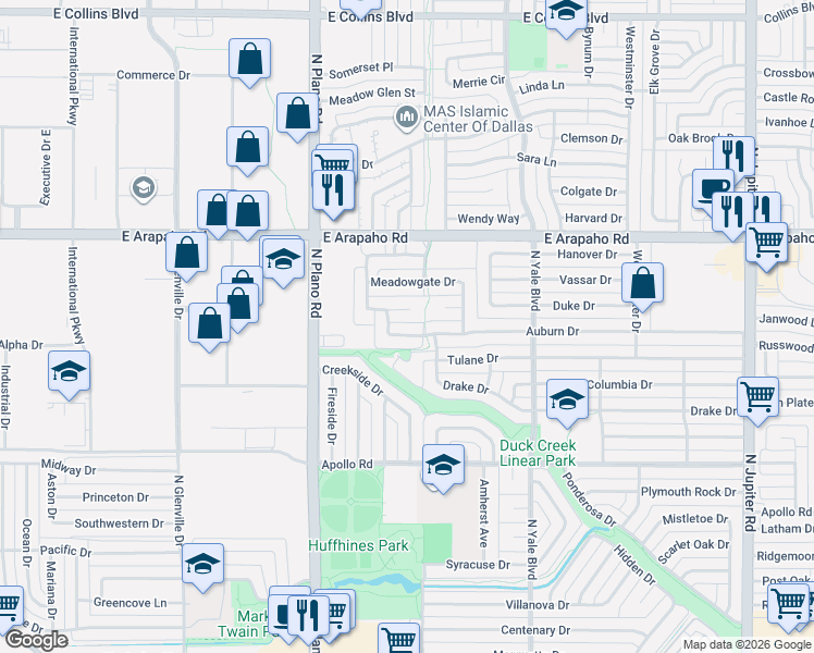 map of restaurants, bars, coffee shops, grocery stores, and more near 1604 Fair Oaks Drive in Richardson