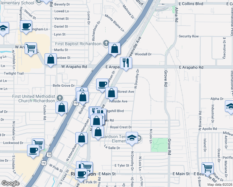 map of restaurants, bars, coffee shops, grocery stores, and more near 301 Hillcrest Avenue in Richardson